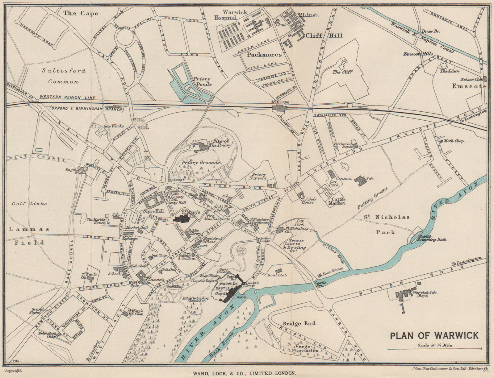 WARWICK vintage town/city plan. Warwickshire. WARD LOCK 1950 old vintage map
